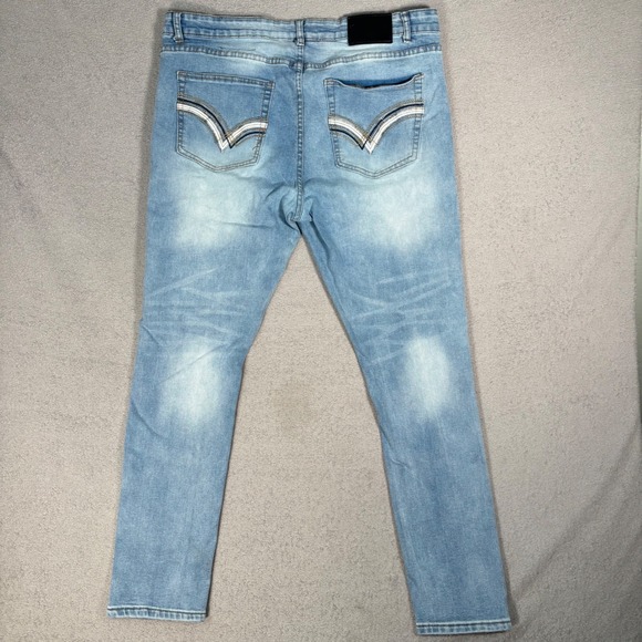 Riot Empire Jeans Men Fit 38x30 Slim Tapered Fit Light Wash Distressed Denim Y2K - Picture 2 of 12